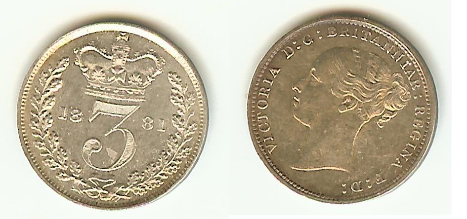 English Maundy 3 Pence 1881 AU+